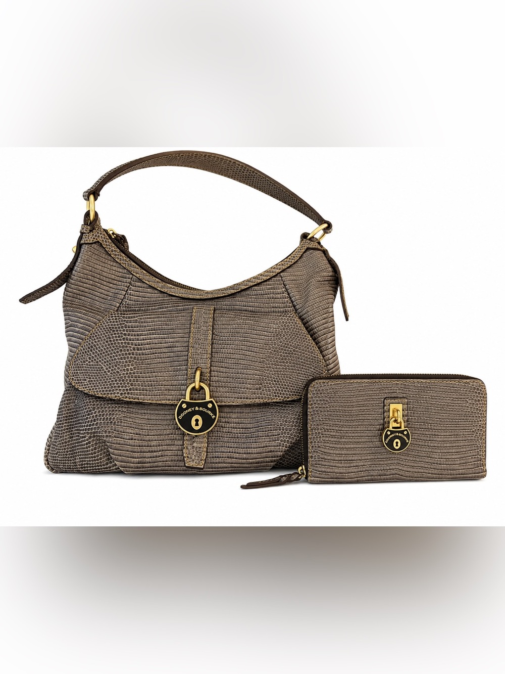 Dooney & Bourke Santorini Lizard Embossed Italian Leather  Bag Wallet Set Taupe